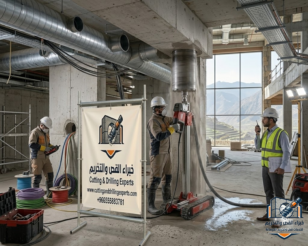 تخريم خرسانة بالطائف باستخدام أحدث أجهزة الكور الماسي لفتح كور المكيفات والسباكة والكهرباء والتهوية بدقة عالية ودون إتلاف الخرسانة